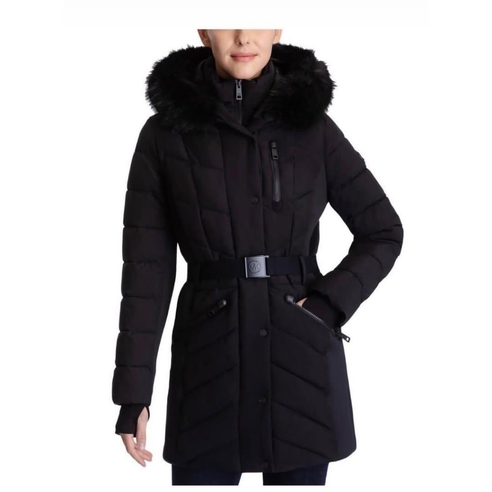 Michael Kors Women's Black Puffer Coat with Faux Fur Hood